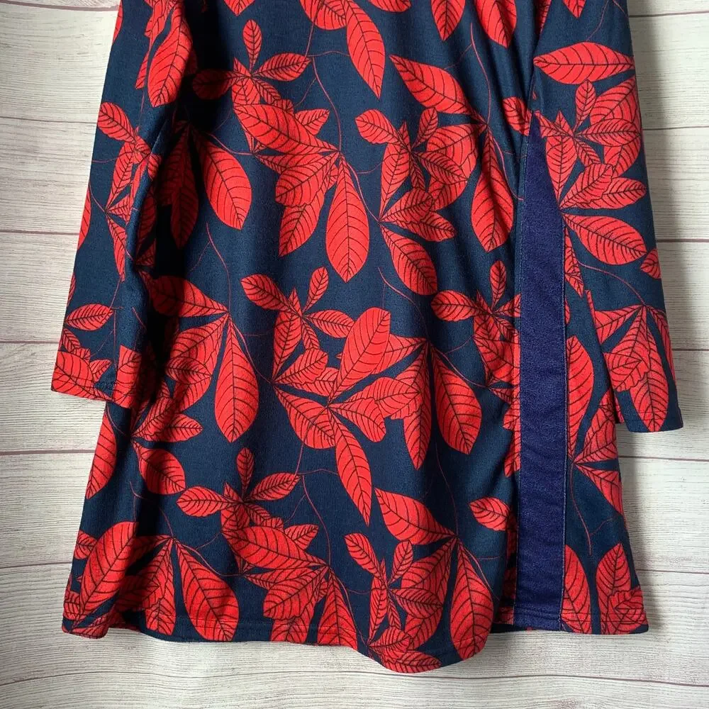 Reborn Navy Blue with Red Leaf Pattern Dress Folded Cowl Neck Fall Leaves XL